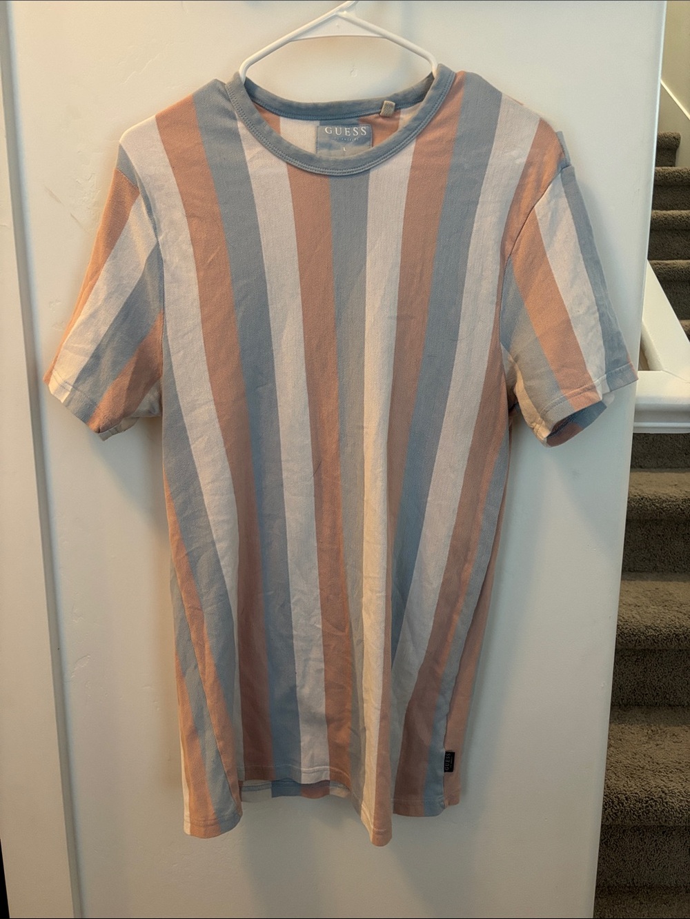 GUESS Men’s Short Sleeve Vertical Stripe Tee - Blue, White & Pinj